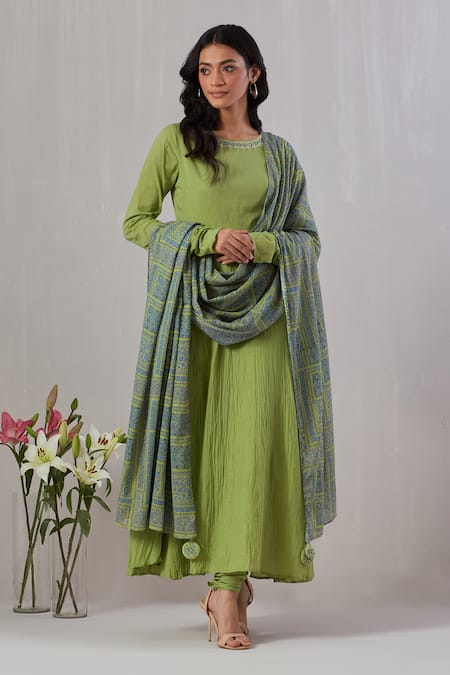 Grass & Sunshine Green Cotton Embroidery Round Neck Desert Dream Anarkali Set Online at Aza Fashions Grass & Sunshine_Green Cotton Embroidery Round Neck Desert Dream Anarkali Set _Online_at_Aza_Fashions