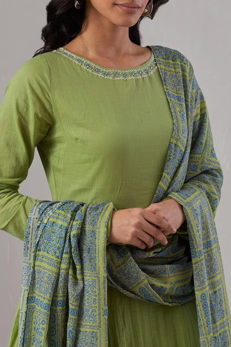 Buy Grass & Sunshine Green Cotton Embroidery Round Neck Desert Dream Anarkali Set Online at Aza Fashions Buy_Grass & Sunshine_Green Cotton Embroidery Round Neck Desert Dream Anarkali Set _Online_at_Aza_Fashions