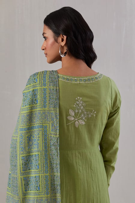 Shop Grass & Sunshine Green Cotton Embroidery Round Neck Desert Dream Anarkali Set Online at Aza Fashions Shop_Grass & Sunshine_Green Cotton Embroidery Round Neck Desert Dream Anarkali Set _Online_at_Aza_Fashions