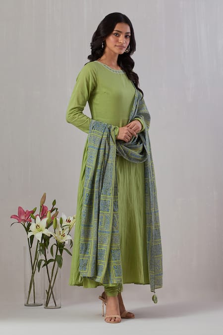 Grass & Sunshine Green Cotton Embroidery Round Neck Desert Dream Anarkali Set at Aza Fashions Grass & Sunshine_Green Cotton Embroidery Round Neck Desert Dream Anarkali Set _at_Aza_Fashions