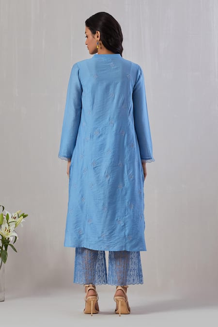 Shop Grass & Sunshine Blue Chanderi Embroidery Split V-neck Kurta And Pant Set at Aza Fashions Shop_Grass & Sunshine_Blue Chanderi Embroidery Split V-neck Kurta And Pant Set _at_Aza_Fashions