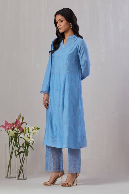 Grass & Sunshine Blue Chanderi Embroidery Split V-neck Kurta And Pant Set Online at Aza Fashions Grass & Sunshine_Blue Chanderi Embroidery Split V-neck Kurta And Pant Set _Online_at_Aza_Fashions