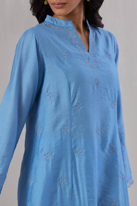 Buy Grass & Sunshine Blue Chanderi Embroidery Split V-neck Kurta And Pant Set Online at Aza Fashions Buy_Grass & Sunshine_Blue Chanderi Embroidery Split V-neck Kurta And Pant Set _Online_at_Aza_Fashions