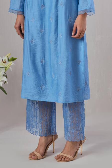 Shop Grass & Sunshine Blue Chanderi Embroidery Split V-neck Kurta And Pant Set Online at Aza Fashions Shop_Grass & Sunshine_Blue Chanderi Embroidery Split V-neck Kurta And Pant Set _Online_at_Aza_Fashions