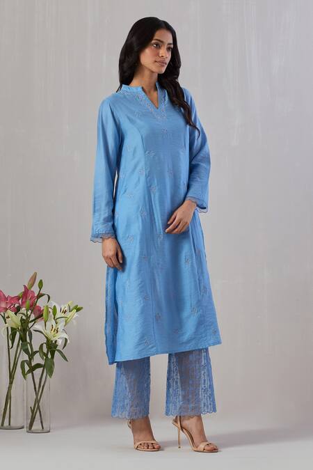 Grass & Sunshine Blue Chanderi Embroidery Split V-neck Kurta And Pant Set at Aza Fashions Grass & Sunshine_Blue Chanderi Embroidery Split V-neck Kurta And Pant Set _at_Aza_Fashions