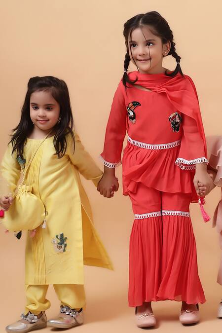 House Of Tushaom_Orange Georgette Embroidered Sequin Tropical Bird Peplum Kurta Sharara Set_Online_at_Aza_Fashions