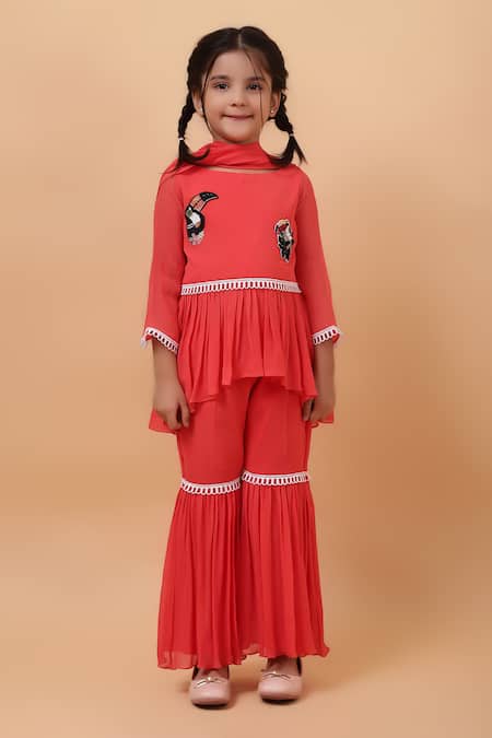 Buy_House Of Tushaom_Orange Georgette Embroidered Sequin Tropical Bird Peplum Kurta Sharara Set_Online_at_Aza_Fashions