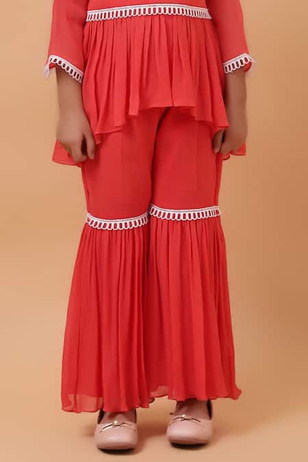 Shop_House Of Tushaom_Orange Georgette Embroidered Sequin Tropical Bird Peplum Kurta Sharara Set_Online_at_Aza_Fashions