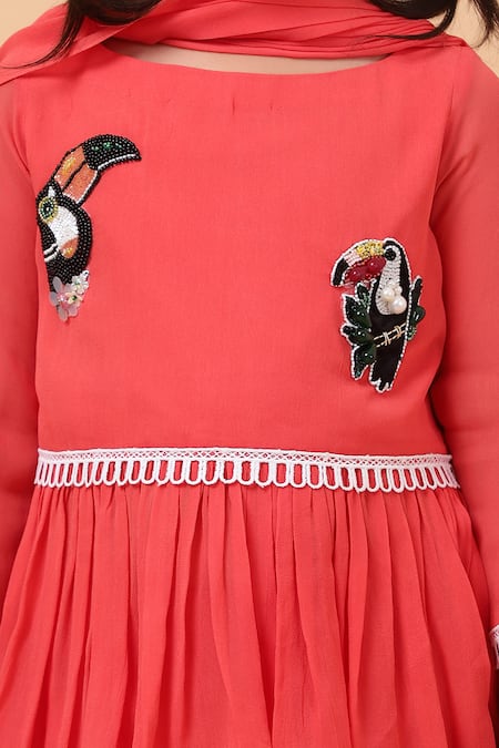 Buy_House Of Tushaom_Orange Georgette Embroidered Sequin Tropical Bird Peplum Kurta Sharara Set