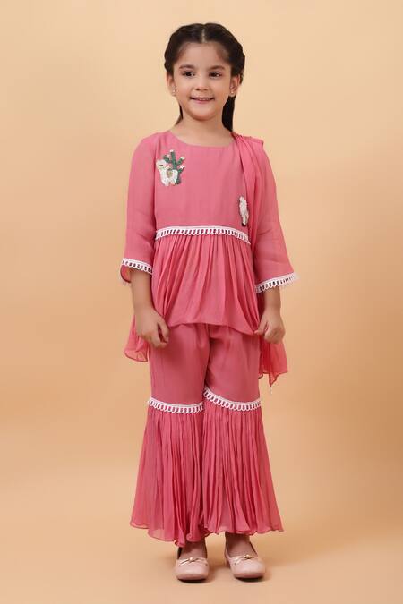 Buy_House Of Tushaom_Pink Georgette Embroidered Cutdana Lama Peplum Kurta Sharara Set_Online_at_Aza_Fashions