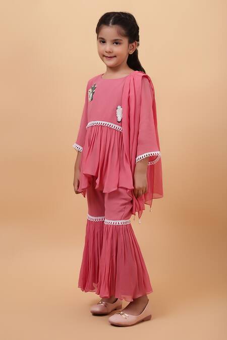 Shop_House Of Tushaom_Pink Georgette Embroidered Cutdana Lama Peplum Kurta Sharara Set_Online_at_Aza_Fashions