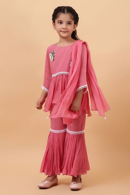 House Of Tushaom_Pink Georgette Embroidered Cutdana Lama Peplum Kurta Sharara Set_at_Aza_Fashions