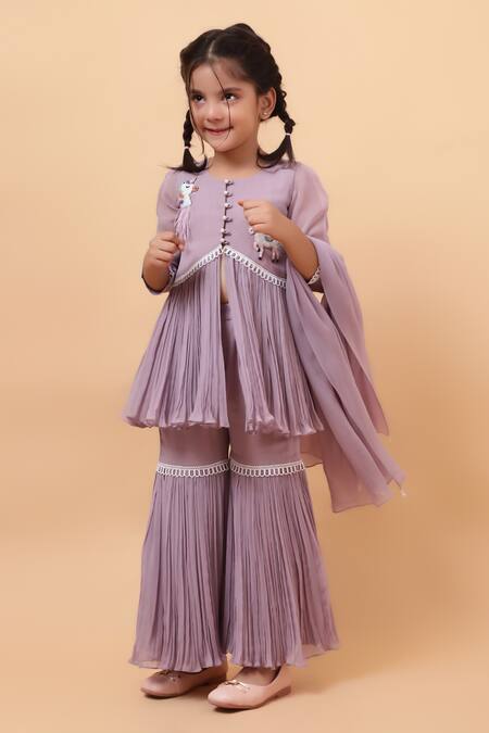 House Of Tushaom_Purple Georgette Pearls, Lace, Unicorn Embroidered Peplum Kurta Sharara Set_Online_at_Aza_Fashions