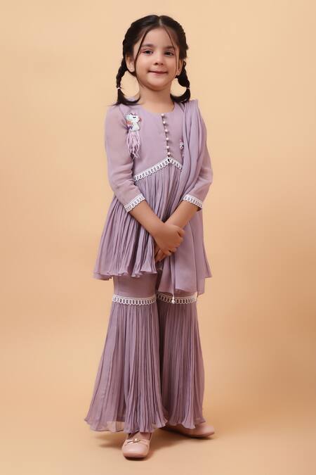 Shop_House Of Tushaom_Purple Georgette Pearls, Lace, Unicorn Embroidered Peplum Kurta Sharara Set_Online_at_Aza_Fashions