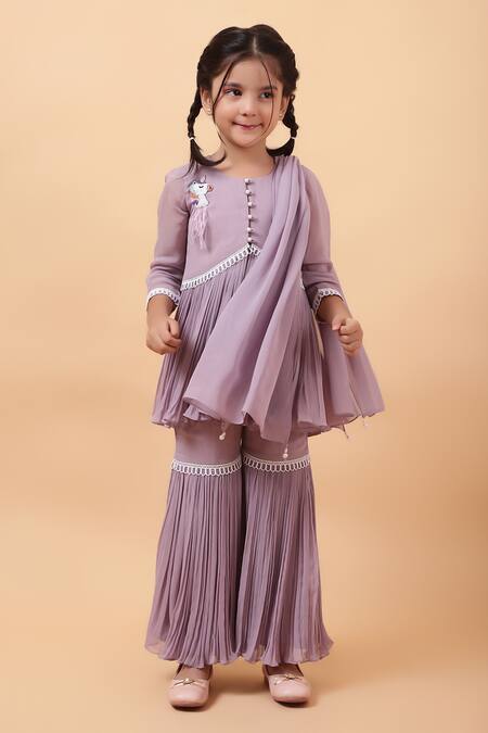 House Of Tushaom_Purple Georgette Pearls, Lace, Unicorn Embroidered Peplum Kurta Sharara Set_at_Aza_Fashions