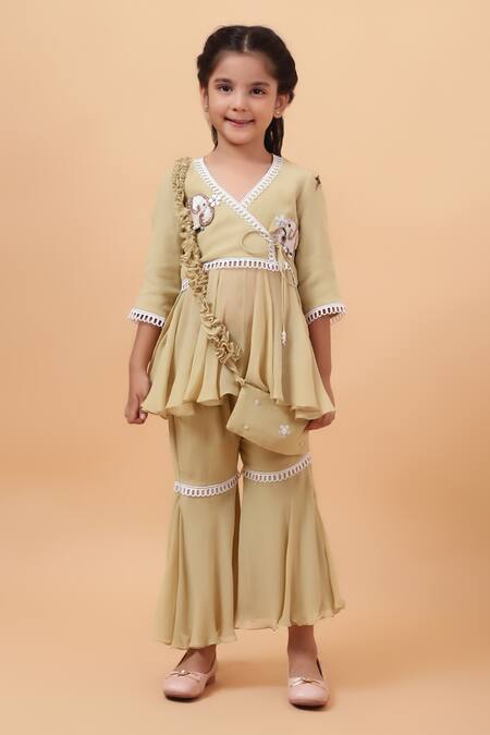 House Of Tushaom_Green Georgette Embroidered Cutdana Elephant Peplum Kurta With Sharara_Online_at_Aza_Fashions