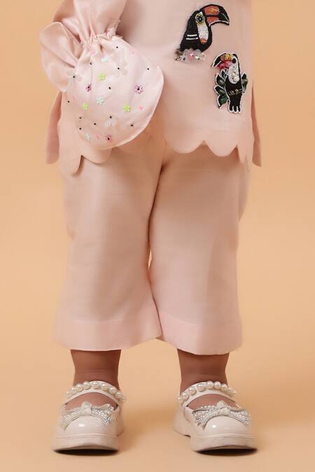 House Of Tushaom Beige Chanderi Embroidered Cutdana Tropical Bird Short Kurta With Pant Online at Aza Fashions House Of Tushaom_Beige Chanderi Embroidered Cutdana Tropical Bird Short Kurta With Pant_Online_at_Aza_Fashions