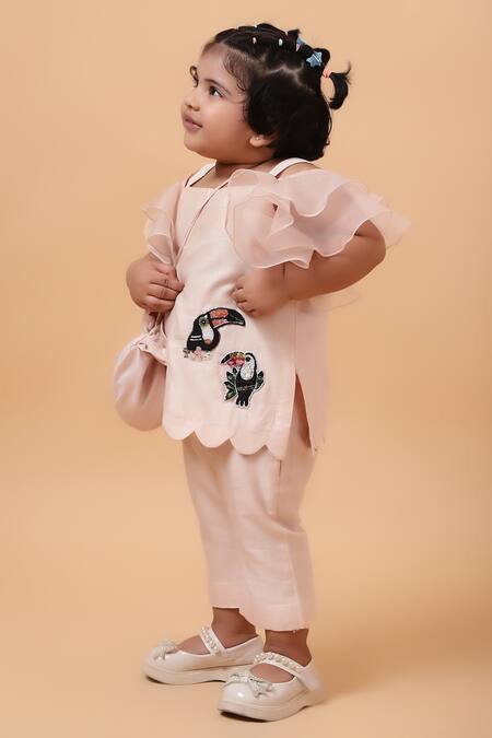 Shop_House Of Tushaom_Beige Chanderi Embroidered Cutdana Tropical Bird Short Kurta With Pant_Online_at_Aza_Fashions