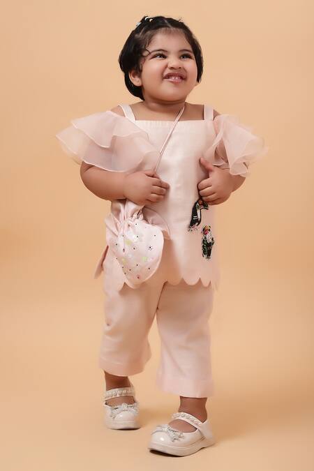 House Of Tushaom_Beige Chanderi Embroidered Cutdana Tropical Bird Short Kurta With Pant_at_Aza_Fashions