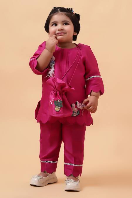 Buy_House Of Tushaom_Pink Chanderi Embroidered Cutdana Flamingo Short Kurta With Pant_Online_at_Aza_Fashions