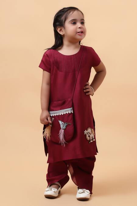 House Of Tushaom_Maroon Chanderi Embroidered Sequin Elephant Kurta With Dhoti Pant_Online_at_Aza_Fashions
