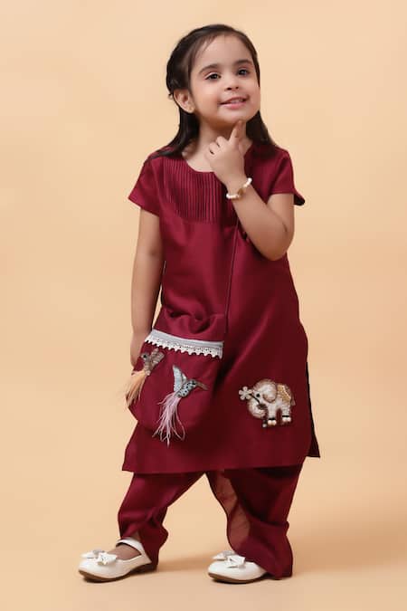 House Of Tushaom_Maroon Chanderi Embroidered Sequin Elephant Kurta With Dhoti Pant_at_Aza_Fashions