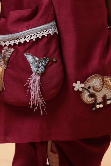 Buy_House Of Tushaom_Maroon Chanderi Embroidered Sequin Elephant Kurta With Dhoti Pant