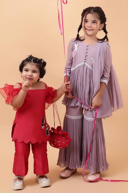 House Of Tushaom_Red Chanderi Embroidered Sequin Bird Short Kurta With Pant_Online_at_Aza_Fashions