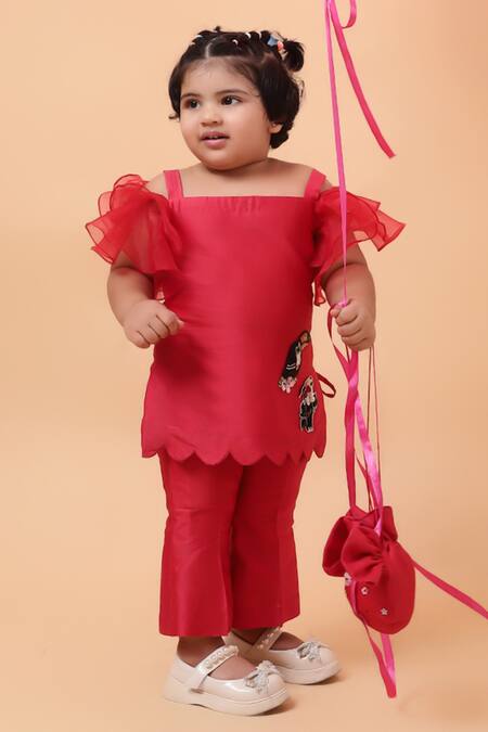 Buy_House Of Tushaom_Red Chanderi Embroidered Sequin Bird Short Kurta With Pant_Online_at_Aza_Fashions