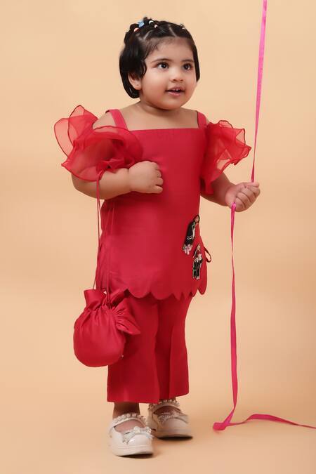 Shop_House Of Tushaom_Red Chanderi Embroidered Sequin Bird Short Kurta With Pant_Online_at_Aza_Fashions