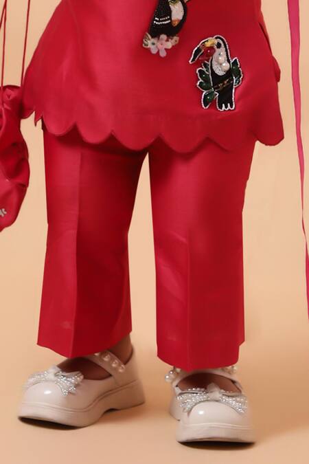 Buy_House Of Tushaom_Red Chanderi Embroidered Sequin Bird Short Kurta With Pant