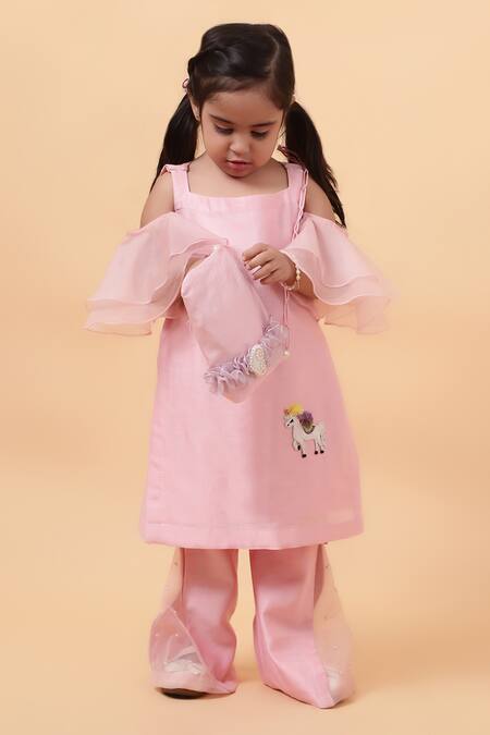 House Of Tushaom_Pink Chanderi Embroidered Sequin Unicorn Kurta With Bell Bottom Pant_Online_at_Aza_Fashions