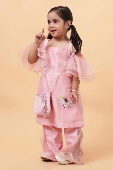 Buy_House Of Tushaom_Pink Chanderi Embroidered Sequin Unicorn Kurta With Bell Bottom Pant_Online_at_Aza_Fashions