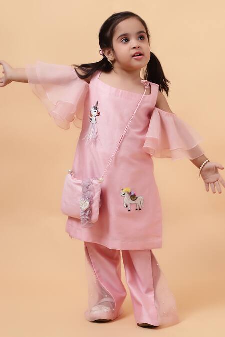 Shop_House Of Tushaom_Pink Chanderi Embroidered Sequin Unicorn Kurta With Bell Bottom Pant_Online_at_Aza_Fashions