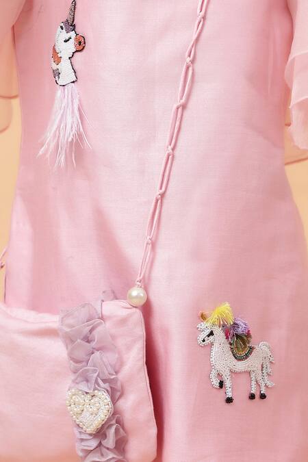 Buy_House Of Tushaom_Pink Chanderi Embroidered Sequin Unicorn Kurta With Bell Bottom Pant