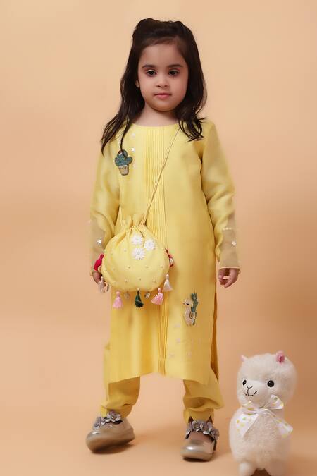 House Of Tushaom_Yellow Net, Chanderi Cut Work, Sequins, Cactus Embroidered Kurta With Pant _Online_at_Aza_Fashions