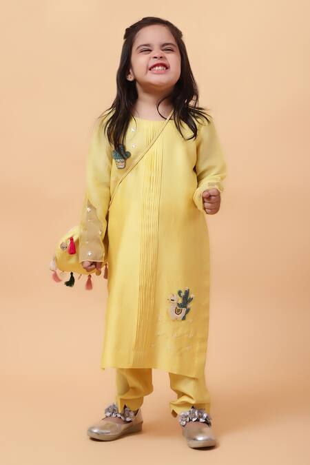 Shop_House Of Tushaom_Yellow Net, Chanderi Cut Work, Sequins, Cactus Embroidered Kurta With Pant _Online_at_Aza_Fashions