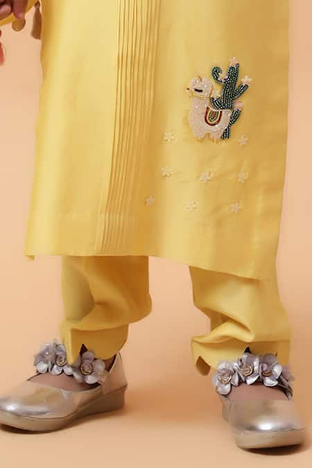 House Of Tushaom_Yellow Net, Chanderi Cut Work, Sequins, Cactus Embroidered Kurta With Pant _at_Aza_Fashions