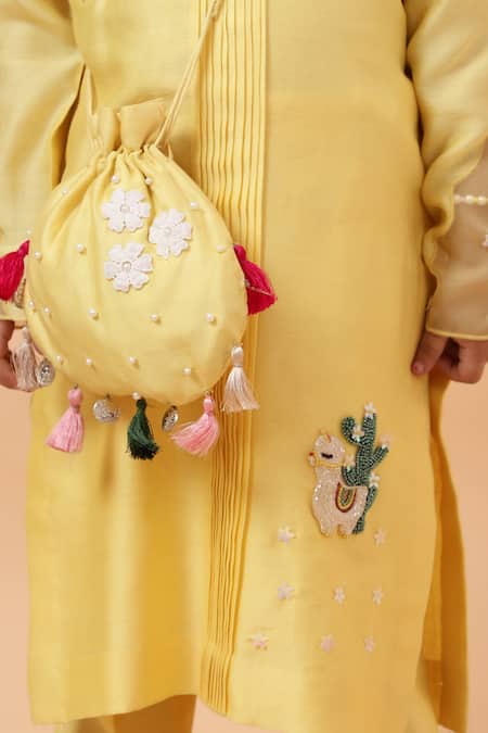 Buy_House Of Tushaom_Yellow Net, Chanderi Cut Work, Sequins, Cactus Embroidered Kurta With Pant 