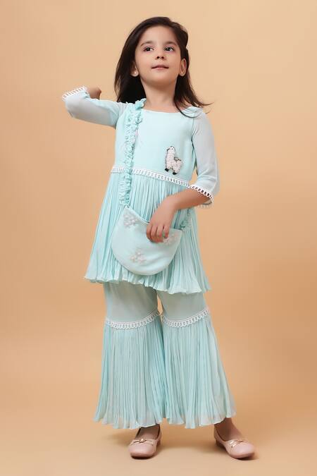 House Of Tushaom_Blue Georgette Beads, Sequins, Cut Work Embroidered Peplum Kurta Sharara Set_Online_at_Aza_Fashions