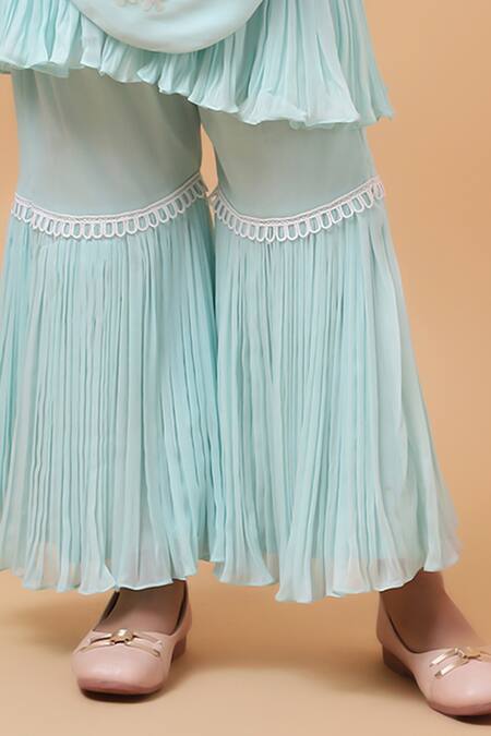 Buy_House Of Tushaom_Blue Georgette Beads, Sequins, Cut Work Embroidered Peplum Kurta Sharara Set_Online_at_Aza_Fashions