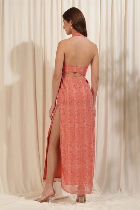 Shop_Rirasa_Pink Georgette Halter Neck Zinia Floral Print Cut-out Slit Dress _at_Aza_Fashions