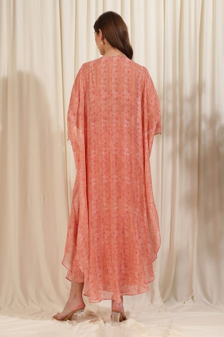 Shop_Rirasa_Pink Georgette Sweetheart Neck Petunia Floral Print Cape Draped Skirt Set _at_Aza_Fashions