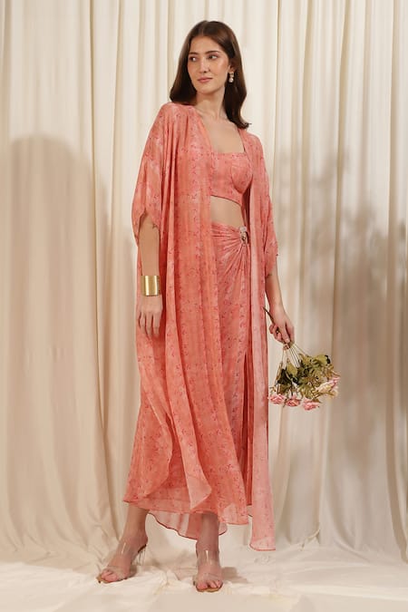 Rirasa_Pink Georgette Sweetheart Neck Petunia Floral Print Cape Draped Skirt Set _Online_at_Aza_Fashions