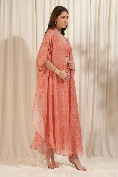 Shop_Rirasa_Pink Georgette Sweetheart Neck Petunia Floral Print Cape Draped Skirt Set _Online_at_Aza_Fashions