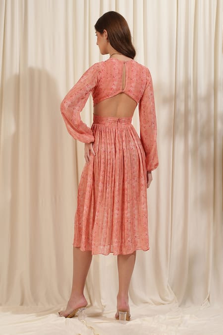 Shop_Rirasa_Pink Georgette Plunge Neck Gerbera Floral Print Slit Dress _at_Aza_Fashions