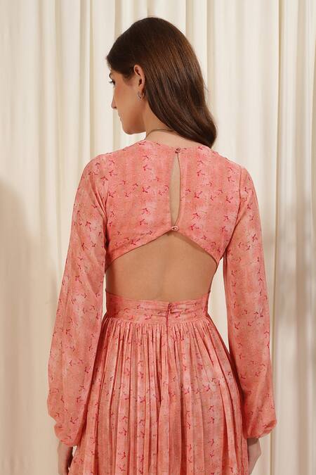 Shop_Rirasa_Pink Georgette Plunge Neck Gerbera Floral Print Slit Dress _Online_at_Aza_Fashions