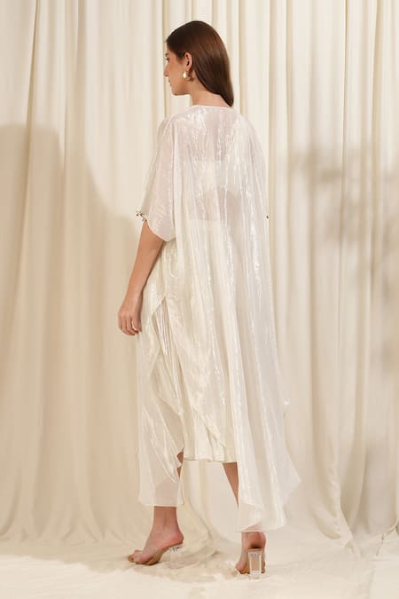 Shop Rirasa Ivory Georgette, Lurex One Shoulder Jasmine Shimmer Textured Cape Skirt Set at Aza Fashions Shop_Rirasa_Ivory Georgette, Lurex One Shoulder Jasmine Shimmer Textured Cape Skirt Set _at_Aza_Fashions