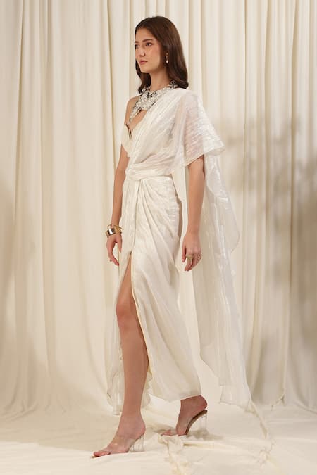 Buy_Rirasa_Ivory Lurex Mirrors Round Neck Shimmer Slit Pre-draped Saree With Blouse _Online_at_Aza_Fashions