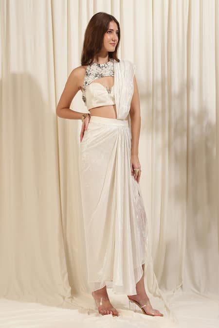 Shop_Rirasa_Ivory Lurex Mirrors Round Neck Shimmer Slit Pre-draped Saree With Blouse _Online_at_Aza_Fashions